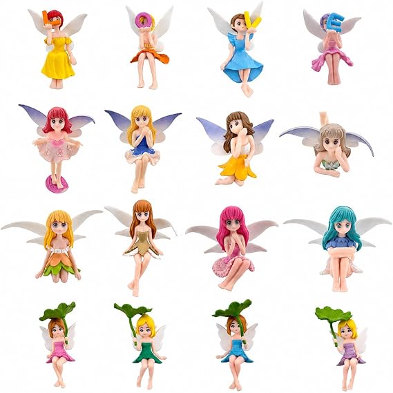 HYSTYLE 16 Pcs Miniature Fairy Figurines, Flower Fairies with Wings Cake Topper Garden Fairy Statues Plant Pot Garden Decor