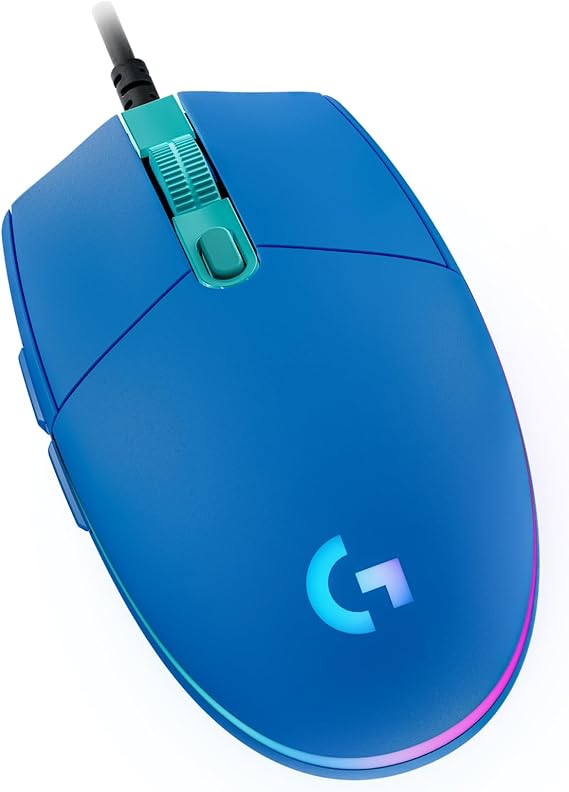 Logitech G203 gaming mouse with adjustable LIGHTSYNC RGB lighting six programmable buttons games Ruggedized sensor scanning with 8000 dpi Lightweight Blue