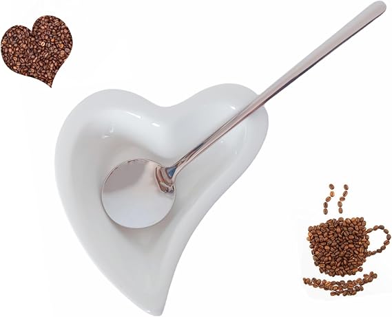 Coffee Spoon and Rest for Coffee Bar Accessories, Mini Cute Small Spoon Rest for Coffee Bar & Station, Tea Spoon Rest & Holder for Teaspoon Rest (White Heart Rest with Silver Spoon)