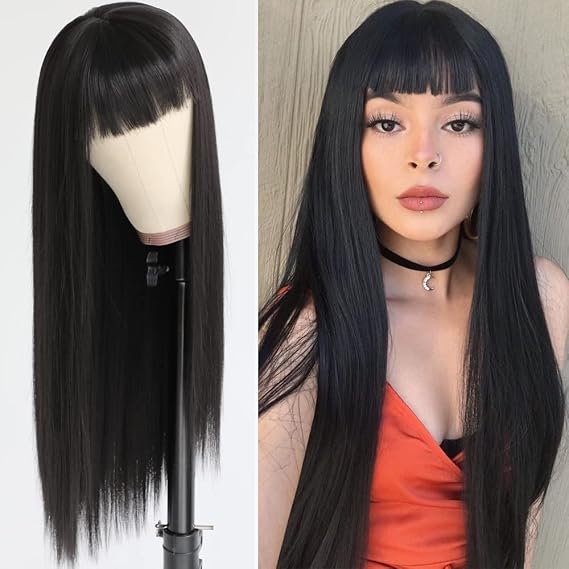 QD-Tizer Black Synthetic Hair Wig with Full Bangs Long Straight 24 inch