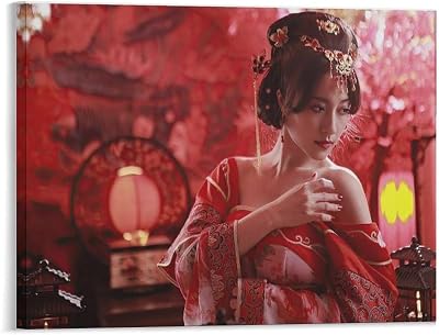 Hjjkbfdr Hot Asian Girl Poster Canvas Wall Art Sexy Chinese Girl in Traditional Clothes Hanfu Room Decor Home Bar Kitchen Coffee Man Cave Garage Wall Decor Art Frameless 8x10inch