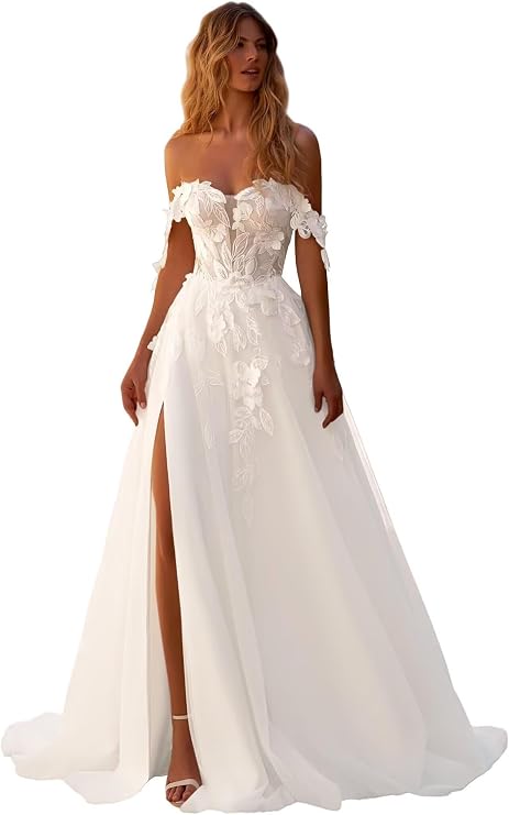 Off Shoulder Wedding Dresses for Bride Floral Applique Bridal Dress Tulle Bridal Gown with Slit