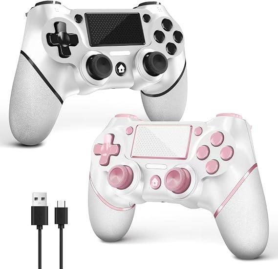 AceGamer 2 Pack Wireless Controller for PS4，2025 Newest，Game Controller for PS4/Pro/Slim/PC，Gamepad Joystick with Turbo/Back Button/Dual Vibration/6-Axis Gyro Sensor/Touch Panel (Pink and White)