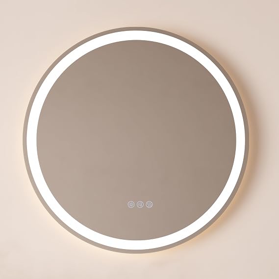 Corona Collection Front and Back Illuminated 24in Round LED Frameless Mirror with Defogger, CCT Color Temperature Selectability, and Brightness Control with Cleat for Wall Mounting
