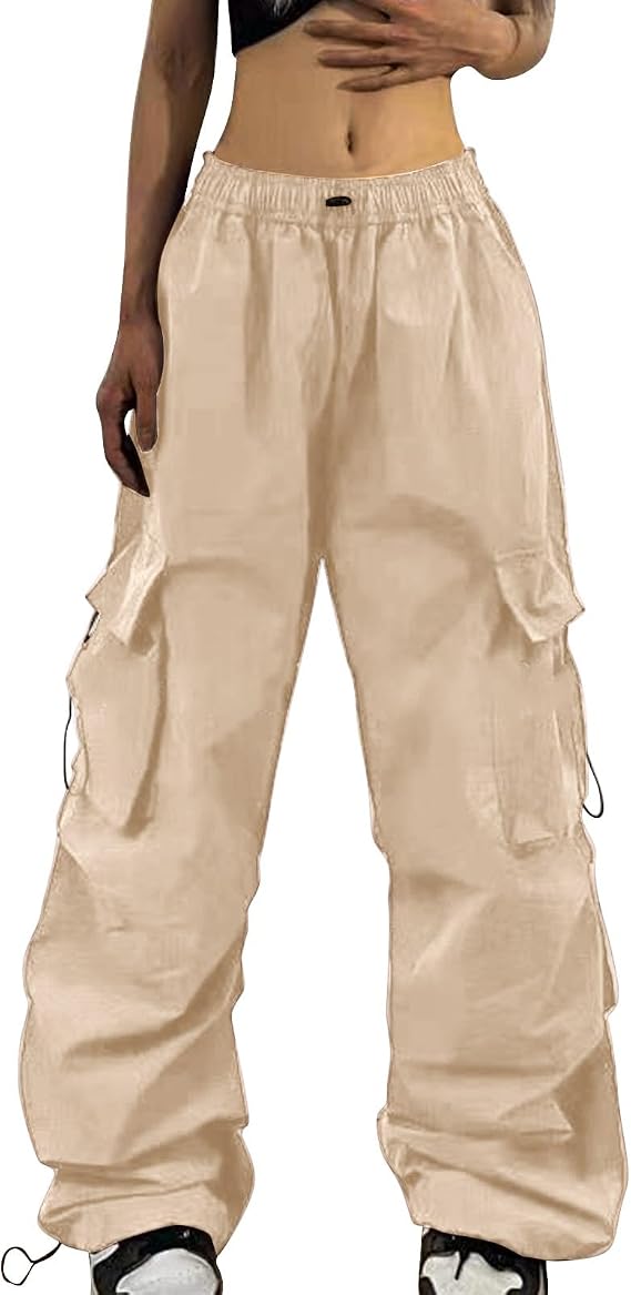 Cargo Trousers Women's High Waist Baggy Jogging Bottoms Elastic Waist Trekking Trousers Lightweight Parachute Trousers Quick Dry Hiking Trousers Cotton Work Trousers with Pockets Wide Leg