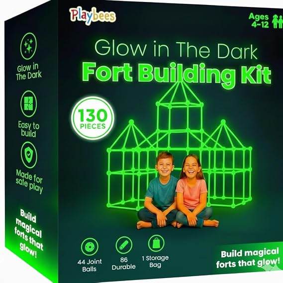 Playbees Glow in The Dark Fort Building Kit 130 PCS STEM Toy for Kids Ages 412 Build Tents, Castles & Rockets Creative Building Set & Great Gift