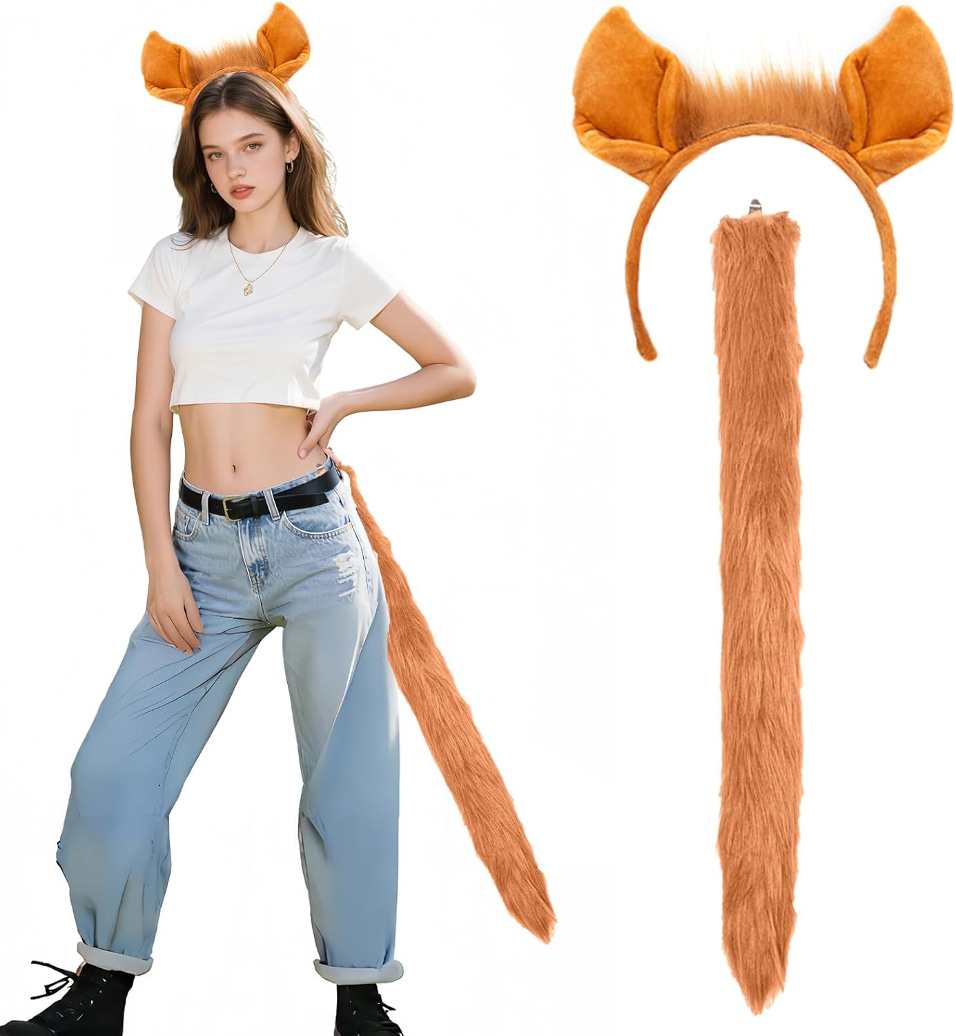 Orange Brown Horse Ears Headband with Long Tail Plush Halloween Costume Cosplay Accessory