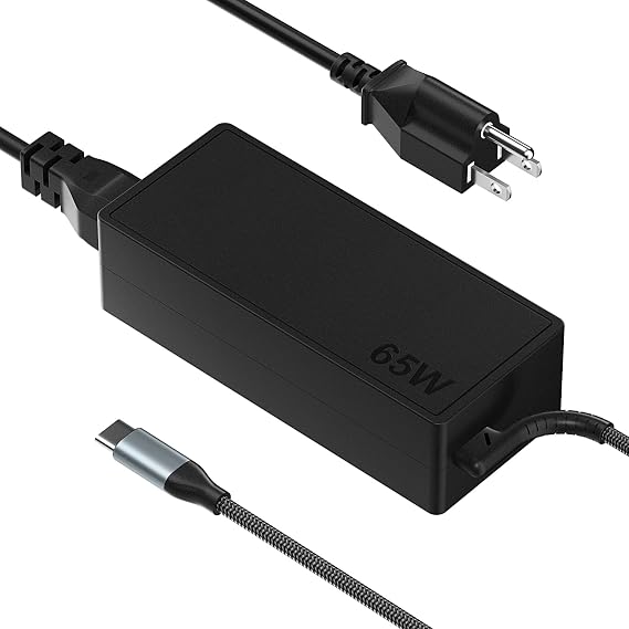 65W USB C Laptop Charger Fast Charging Adapter with Braided Cable | Built-in braided cable, durable charging without extra cords. Compatible with Lenovo Dell HP ASUS Acer laptops & Chromebooks