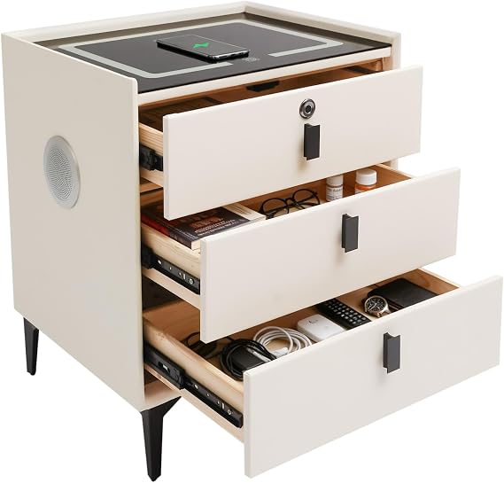 3 Drawer Bedside Table with Wireless,USB Charging,LED,Bluetooth Speaker