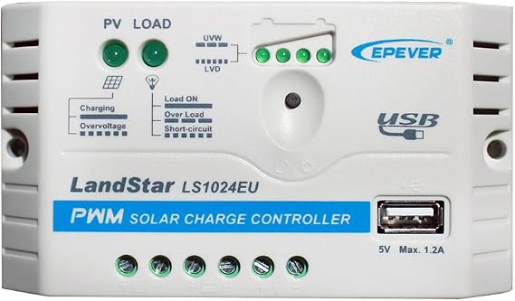 EPEVER Solar Charge Controller 10A 12V/24V Auto Work LS1024EU with USB Port 5V/1.2A Output LED Indicator for Off Grid Solar Panel Battery Charging System (LS1024EU)