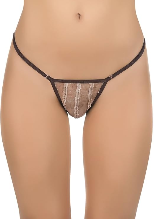 Women's Sheer Brown Mesh Thong Panty with Ruffle Detail and Breakaway Hooks Low Rise