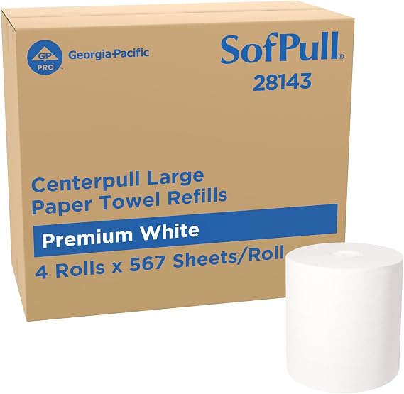Georgia-Pacific SofPull Centerpull Large Premium Paper Towels, Commercial Bathroom Dispenser Rolls, 567 Sheets Per Roll, 4 Rolls Per Case, White, 28143