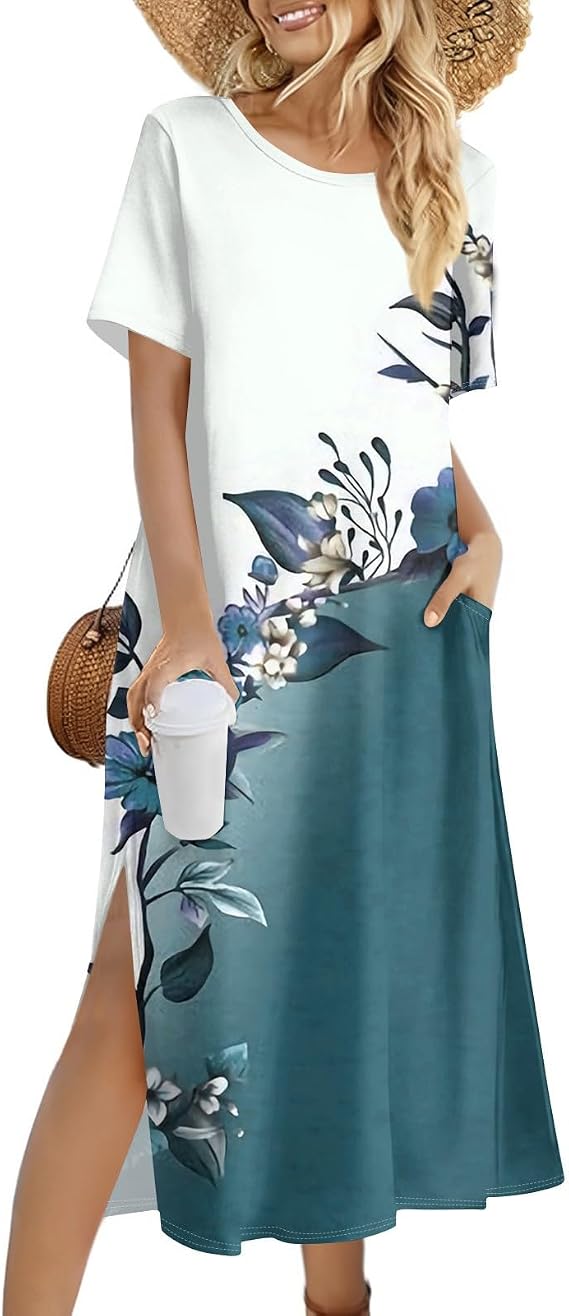 Summer Dresses for Women Crewneck Floral Casual Beach Vacation Dress Printed T Shirt Dress Split Long Dress with Pockets