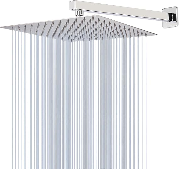 25 cm High Pressure Rainfall Shower Head with 40 cm Shower Arm, Stainless Steel Square Showerhead Self-Cleaning Silicone Nozzles, Ultra-Thin Design, Universal Wall and Ceiling Mount (Chrome)
