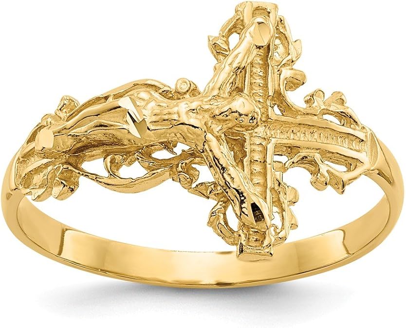 Solid 14K Yellow Gold Diamond-Cut Crucifix Ring