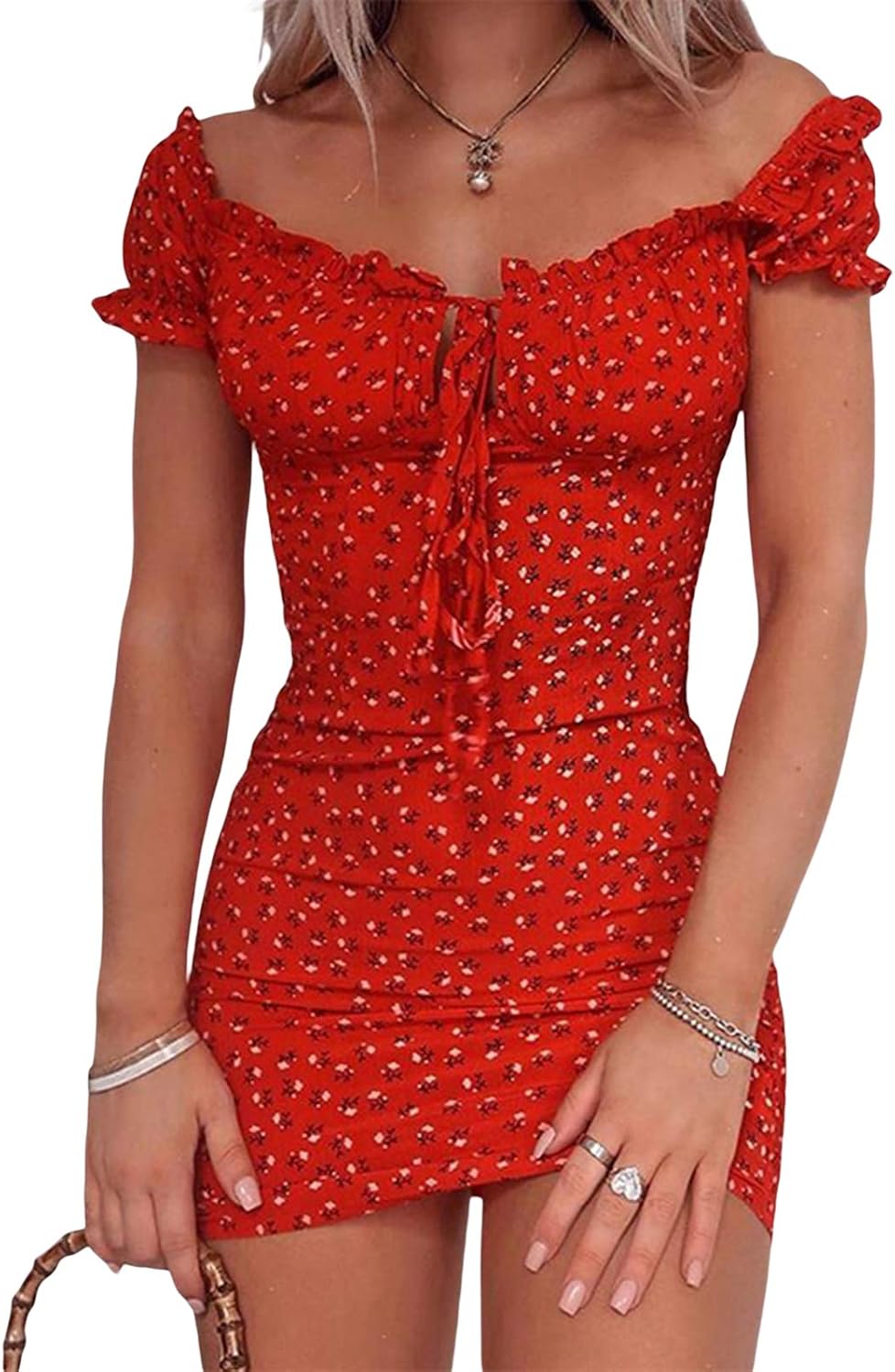 Women Floral Mini Ruffle Short Sleeve Tie Front Bodycon Dress Sexy Wrap Pencil Dress for Party ClubRed,S,Small