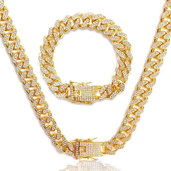 12 MM Cuban Link Chain Iced Out for Men, Cuban Chain Necklace Bracelet Rhinestone Necklace Bling Diamond Chain, Unisex Miami Style Punk Choker Necklace with Lobster Clasp 