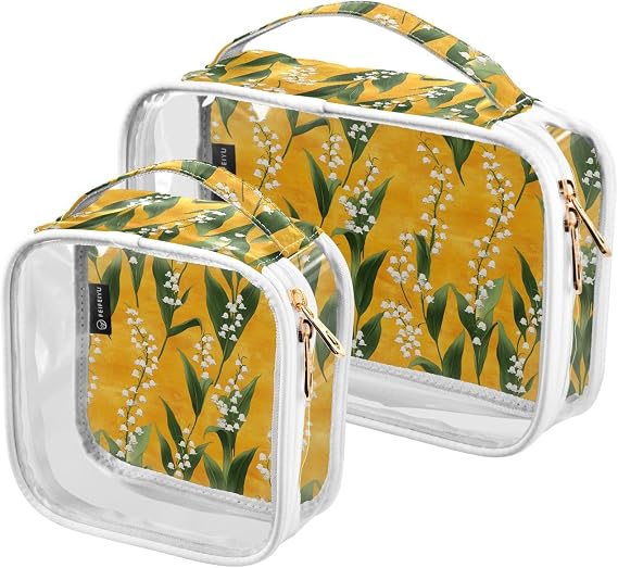 2 Pack Clear Decorative Toiletry Bag Small TSA Approved Sweet Lily of Valley Flower Gold Multifunctional Makeup Brush Bag Mens Shaving kit Bolsa de almacenamiento