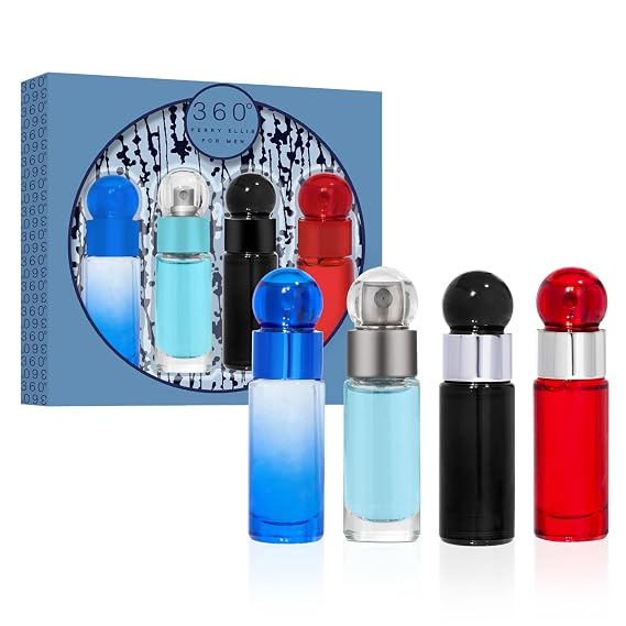 Perry Ellis 360 4-Piece Mini Cologne Set for Men, .25 Fl Oz (Pack of 4) | Cologne Gift Sampler Set, Travel Size - 360 Men, Red, Very Blue, Black, Perfect for Gifting