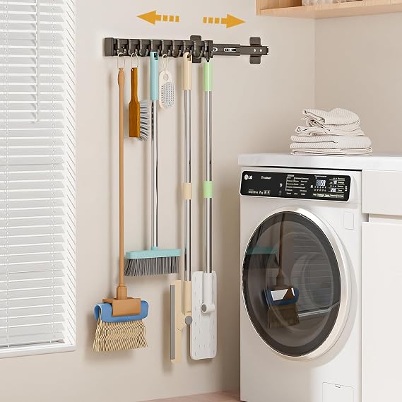 Pull Out Broom Holder With 9 Adjustable Row Sliding Hook - Black 16.14inch | High Load Capacity, Multifunctional Slide Broom And Mop Storage/Organizer Garage Organization Hook, for Closet Laundry Garage