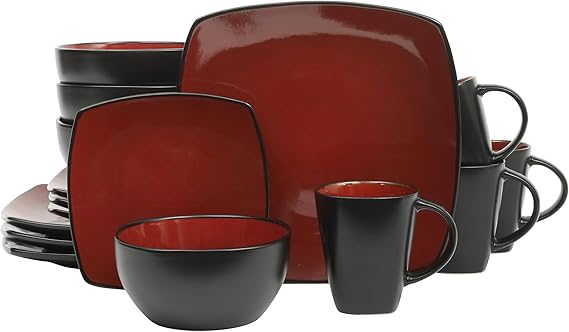 Gibson Elite Soho Lounge Square 16-Piece Dinnerware Set, Service for 4, Reactive Glaze Stoneware Plates and Bowls, Modern Dishes, Microwave & Dishwasher Safe Red and Black