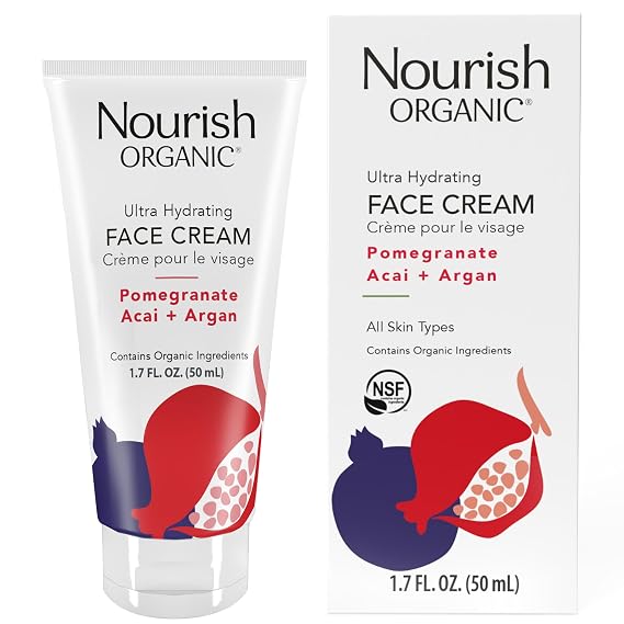 Nourish Organic Face Cream, Pomegranate Acai + Argan Ultra Hydrating Formula with Aloe Vera & Green Tea Extract, 1.7 Oz + Washable Cotton Round