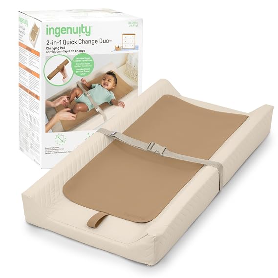 Ingenuity 2-in-1 Quick Change Duo Changing Pad with Travel Liner Wipeable, Water-Resistant Vinyl, Contoured Sides & Safety Strap