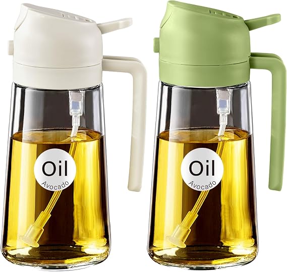 YARRAMATE 2 Adet Zeytinyağı Dispenseri, Pişirme için 2'si 1 Arada Yağ Püskürtücü, 470ml Cam Yeşil Püskürtme Şişesi, Mutfak, Kızartma, Barbekü için Gıda Sınıfı Dispenser ve Sprey