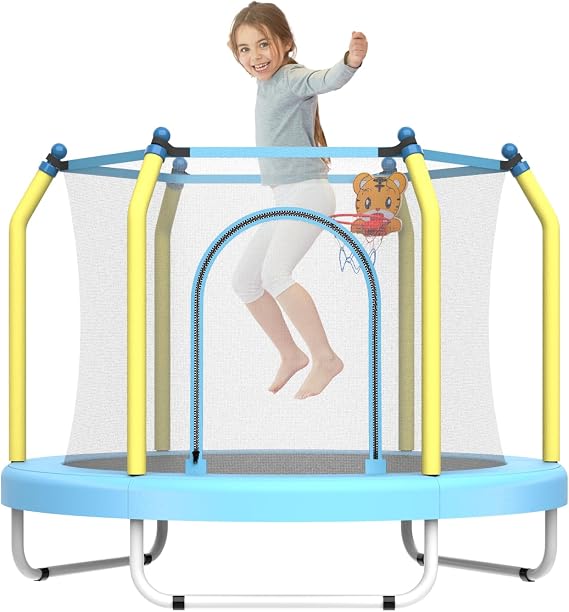 Mersco 55" Trampoline for Kids, 440lbs Capacity Indoor & Outdoor Toddler Kids Trampoline with Basketball Hoop, Safety Enclosure, Birthday Gifts for Boy and Girl, Age 1-8