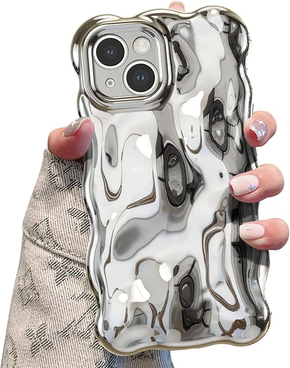 UEEBAI Case for iPhone 15, Cute Solid Color Curly Wave Shape Shockproof Soft TPU Bumper Phone Case, Candy Color Water Ripple 3D Silicone Slim Pretty Case Non-yellowing Cover, Silver