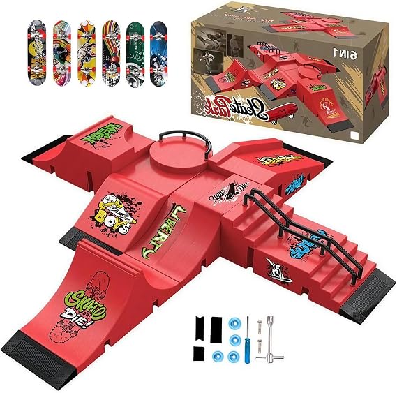 Fingerboard Skate Park Set - Compatible with Tech Deck Skateboards - 6 Ramps, 6 Fingerboards, Obstacles - Ideal for Fingerboard Enthusiasts