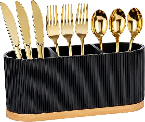 HouseJoy Countertop Silverware Holder, Silverware Caddy Organizer Holder for Forks, Spoons, Knives, Cutlery Caddy with 3 Compartments, Kitchen Utensil Holder for Party, Countertop, Black