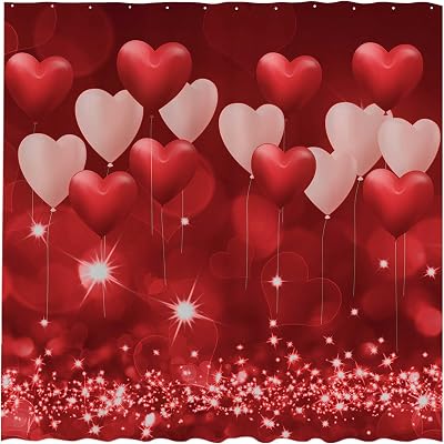 Allenjoy 72 x 72 Valentines Love Theme PEVA Shower Curtain for Bathroom Set Red Hearts Balloons Decoration Waterproof Curtains with 12 Hooks