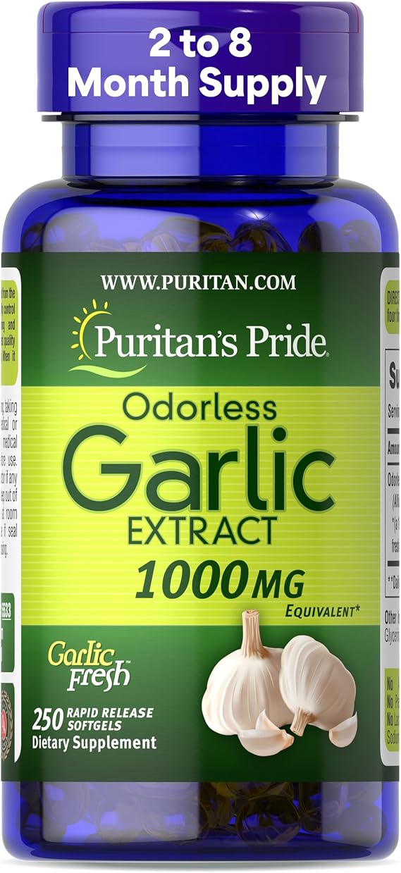 Puritan's Pride Premium Odorless Garlic Fresh 10 mg, Herb Dietary Supplement for Heart Health and Circulation Support with Antioxidant Properties, 250 Rapid Release Softgels