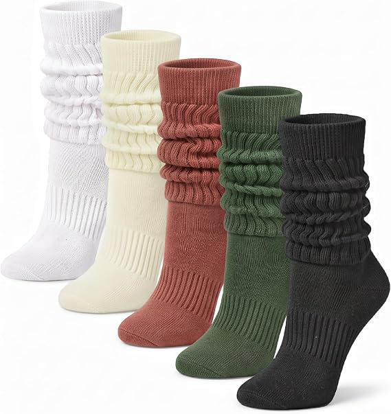 5 Pairs Slouchy Socks for Women, Slouch Scrunch Boot Socks | Soft Cotton Material, Crew Calf Tube, Arch Support, Anti-Slip Cuff, Excellent Elasticity, Fits for Size 5-11, Solid Color