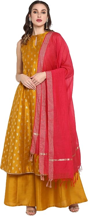Janasya Indian Women's Mustard Foil Print Festive Wear Kurta Set for Women
