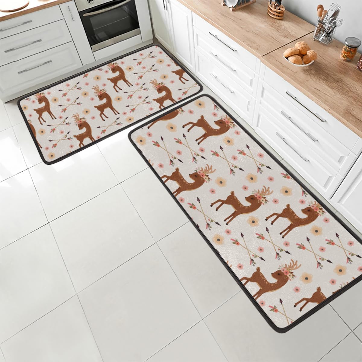 Lovely Sika Deer Kitchen Mat 2 PCS Waterproof Non-Slip Ergonomic Comfort Mat Anti Fatigue Kitchen Rug for Kitchen Floor Home Office Sink 47X1729X17 Inch