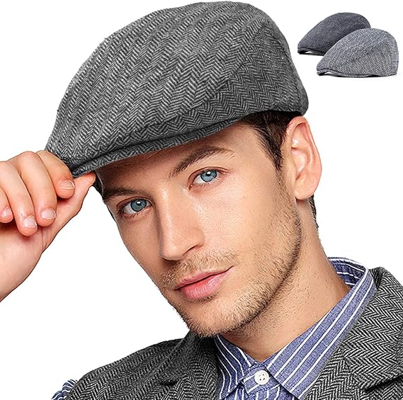 2-Pack Adjustable Newsboy Hats for Men Flat Cap Irish Wool Blend Tweed