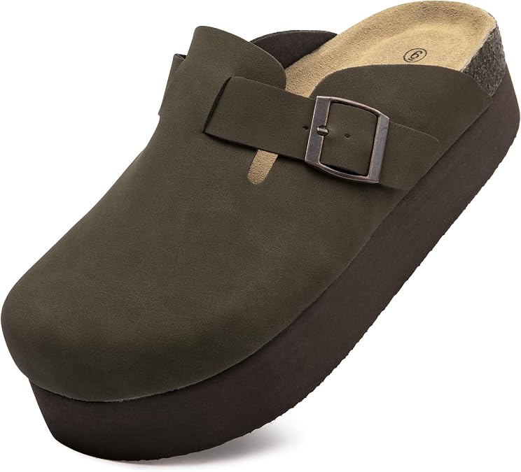 Women's Suede Clogs Cork Footbed Sandals Comfort Platform Mules with Arch Support Adjustable Buckle Slip On Slippers