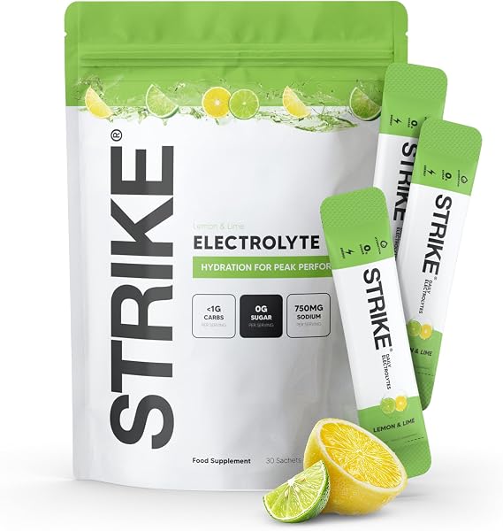 Strike Electrolytes | Zero Sugar Hydration Sachets with Sodium, Magnesium, Vitamin C & Trace Minerals | Vegan, Keto, Gluten-Free | Daily Electrolytes Powder (30 Sachets, Lemon Lime)