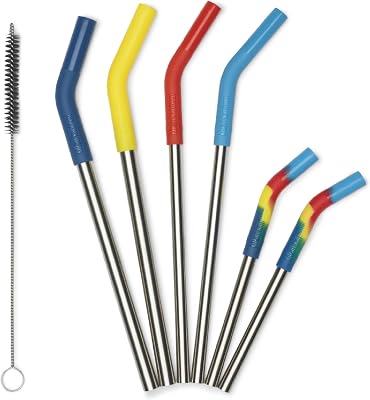 Klean Kanteen Short Recycled Stainless Steel Straw Set - Food Grade Silicone - With Straw Cleaner Brush - 6 Pack Short Straws, Multicolor