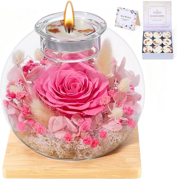 Preserved Rose with Scented Candles Birthday Gifts for Women, Pink