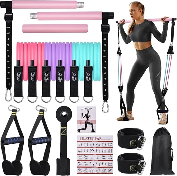 Pilates Bar Set with 6 Resistance Bands, Adjustable Resistance Bands for Women and Men, Fitness Bands for Home Gym Yoga, Pilates, Stretch, Strength Training Fitness