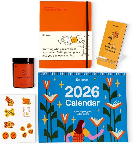 Headway Self-Care Gift Set - Includes Motivation & Self-Awareness Guided Journal, 2026 Spiral Wall Calendar, Sticker Sheet, Jar Scented Candle, Desk Phone Stand, Inspirational Gift Kit for Women, Base