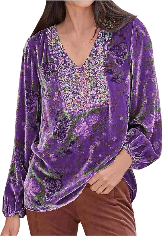 Women's Velvet Long Sleeve Shirts Vintage Embroidery Floral Print Dressy Blouse Fall Winter Casual V Neck Tops Tees