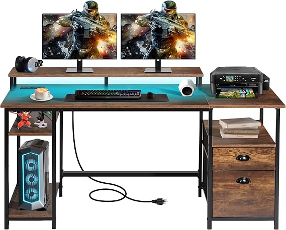 Panana 61.4" Computer Desk with Power Outlet and LED Lights, Desk with 2 Fabric File Cabinet Drawer, Large Reversible Gaming Desk with Shelves and Monitor Stand, Writing Study Desk for Home Office