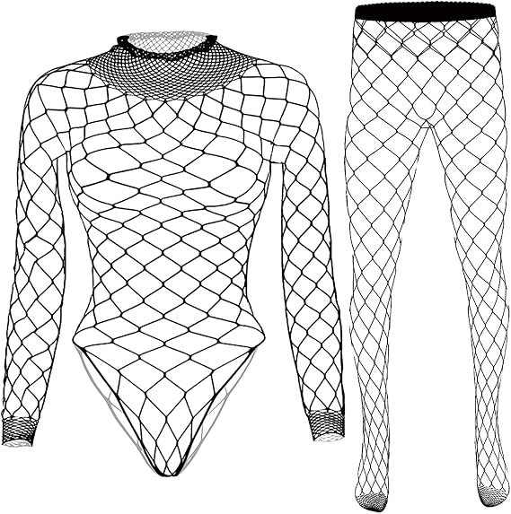 Womens Two Piece Body Fishnet Bodystockings Bodysuits Top with Big Mesh Tights Rave Outfit Set