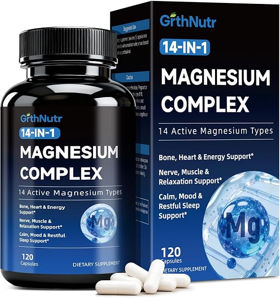 14-in-1 Magnesium Complex Supplement, 1200mg Elemental Magnesium Glycinate, Citrate, Malate, Taurate - Magnesium Complex for Women Nerves, Bone & Heart Health | Non-GMO