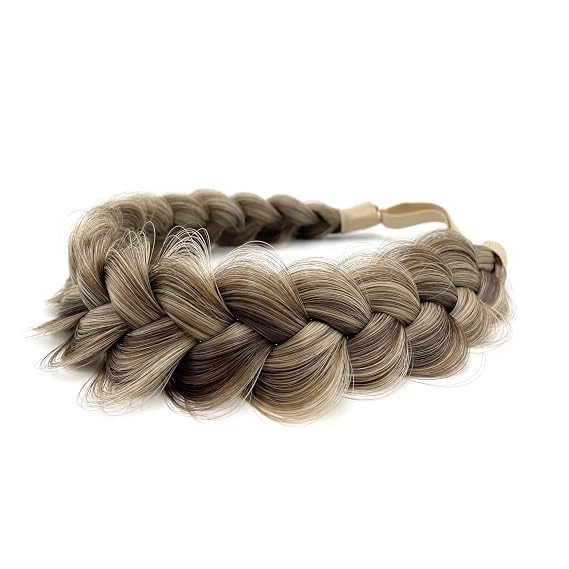 Braid Headband 2 Strands Messy Classic Chunky Plaited Wide Braids Elastic Stretch Quality Synthetic Braided Headband Women Girl Bohemian Hair Braid 65g (Gray Brown)