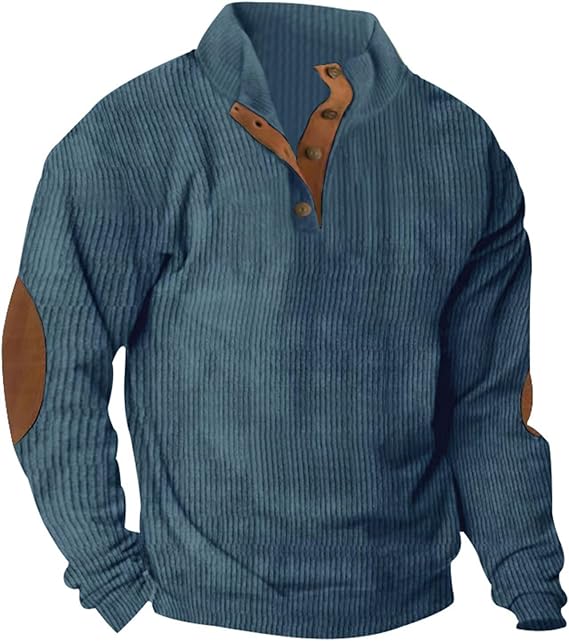 Mens Casual Corduroy Sweatshirt Long Sleeve Stand Collar 1/4 Button Up Pullover Fall Thermal Sweaters